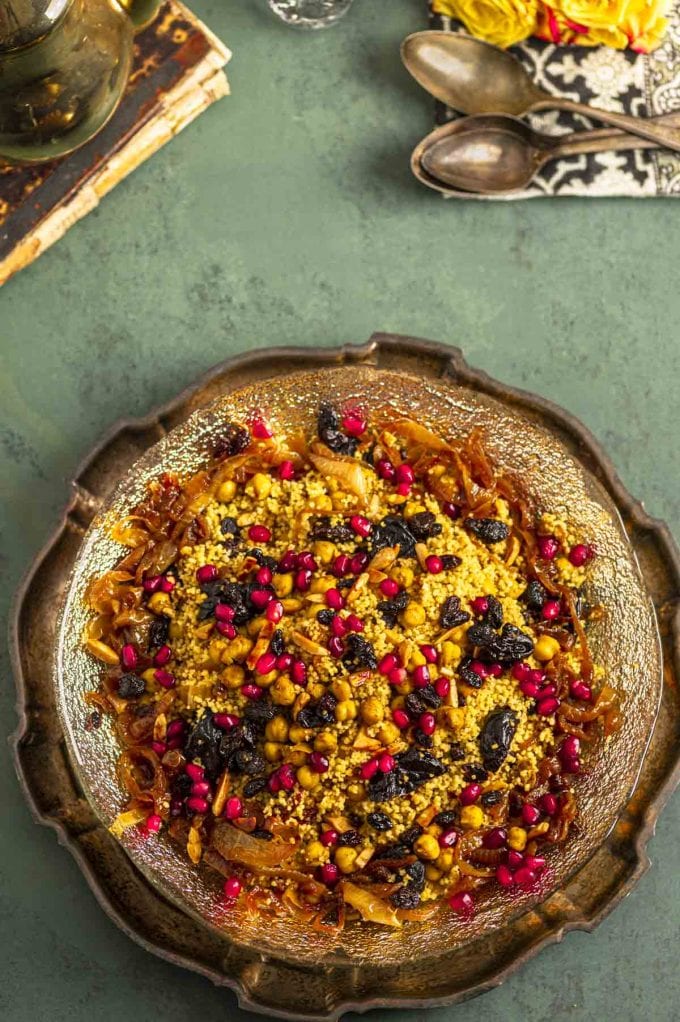 overhead view of a large bowl with moroccan couscous