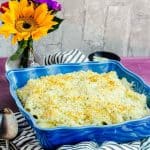 An angular view of Vegan Mac and Cheese in blue dish