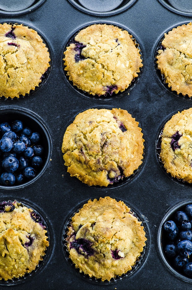 Vegan Coconut Blueberry Muffins in a muffin tin