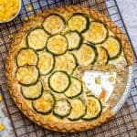 Overhead view of Dairy Free Zucchini Quiche with a slice taken out