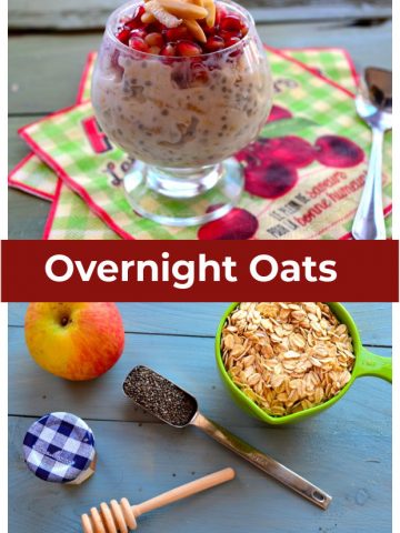 Collage of two images, one overnight oats ingredients and the other a glass cup with overnight oats