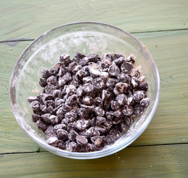 a bowl with chocolate chips coated in flour