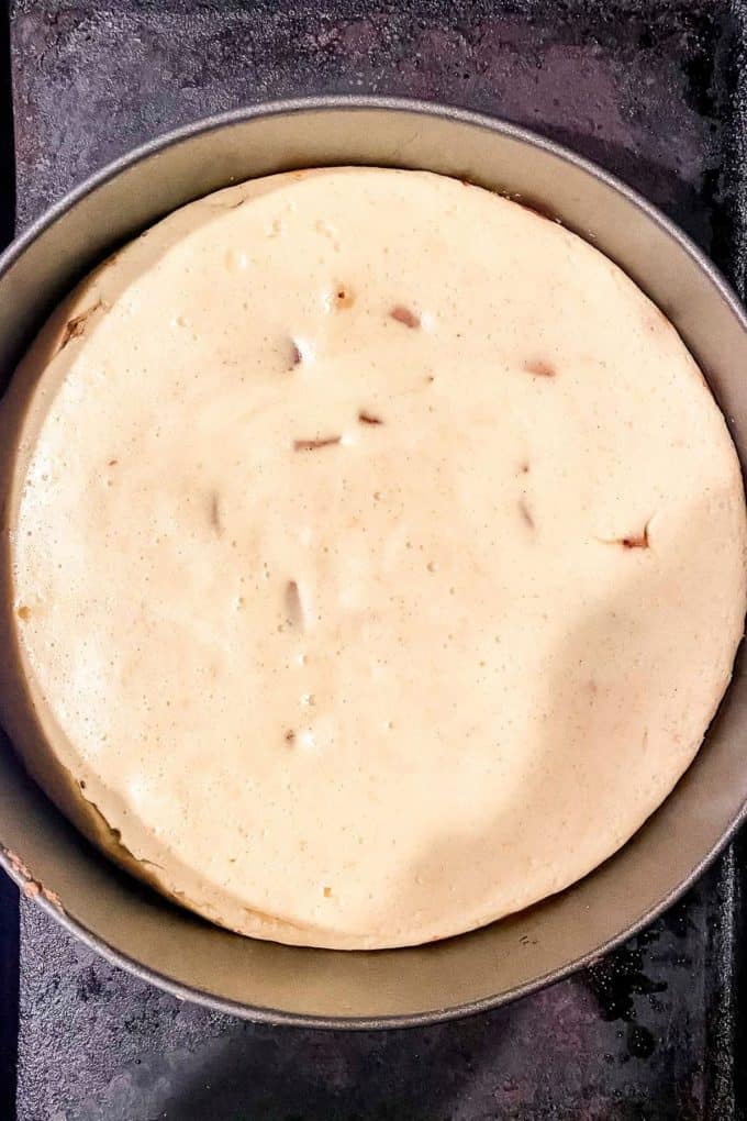 overhead view of baked cheesecake filling mixture