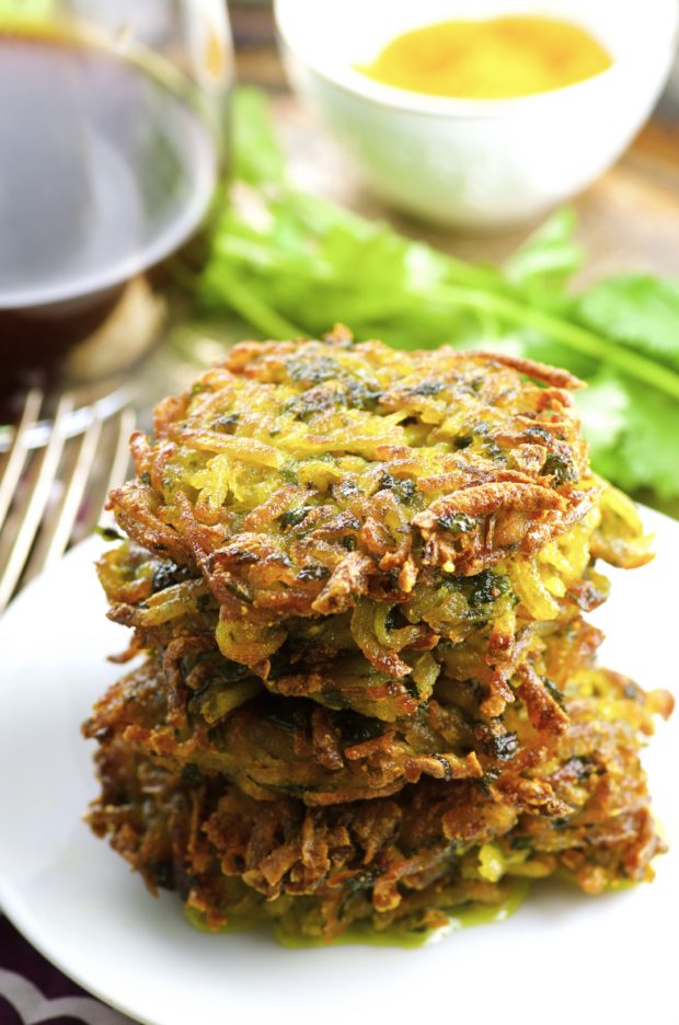 Vegan Potato Latkes flavored with cilantro and turmeric and nice little twist to this chanukah ( hanukkah) favorite.