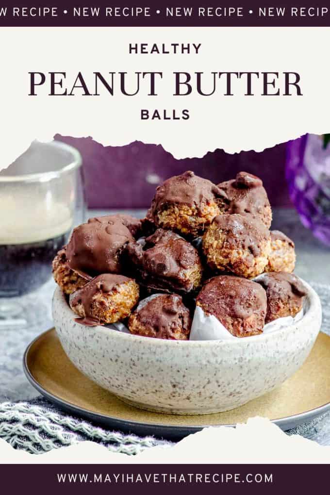 A further back view of healthy peanut butter balls stacked in a white bowl