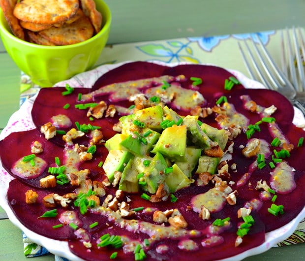 beet carpaccio salad with avocado and chia seed dressing