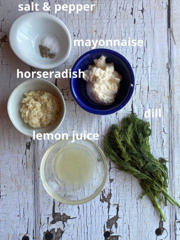 The ingredients to make make roasted fingerling potatoes; salt and pepper, mayonnaise, horseradish, dill, and lemon juice