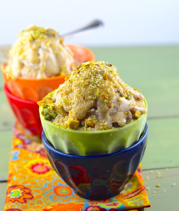Vegan tahini icecream with sweet halvah sauce and crunchy pistachios
