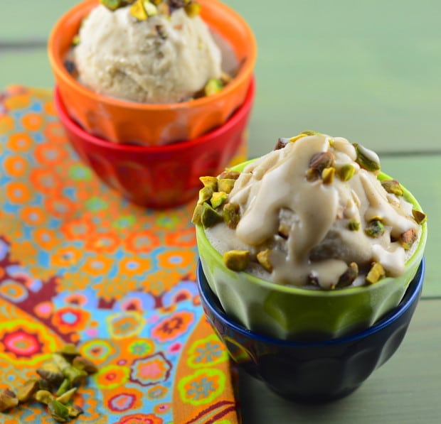 Vegan tahini icecream with sweet halvah sauce and crunchy pistachios