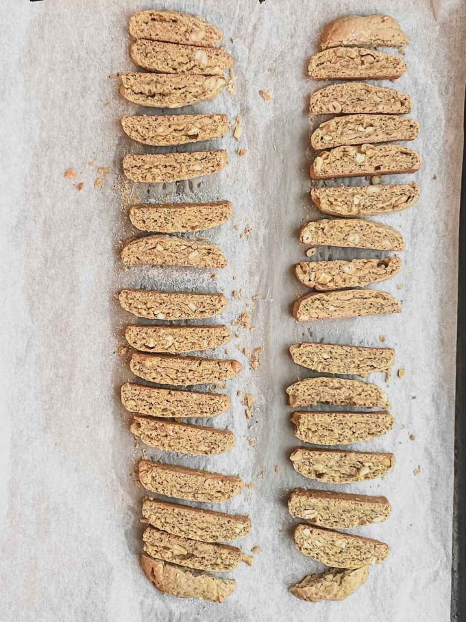 sliced biscotti on a baking sheet