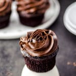 Close up view of a chocolate cupcake with chocolate frosting
