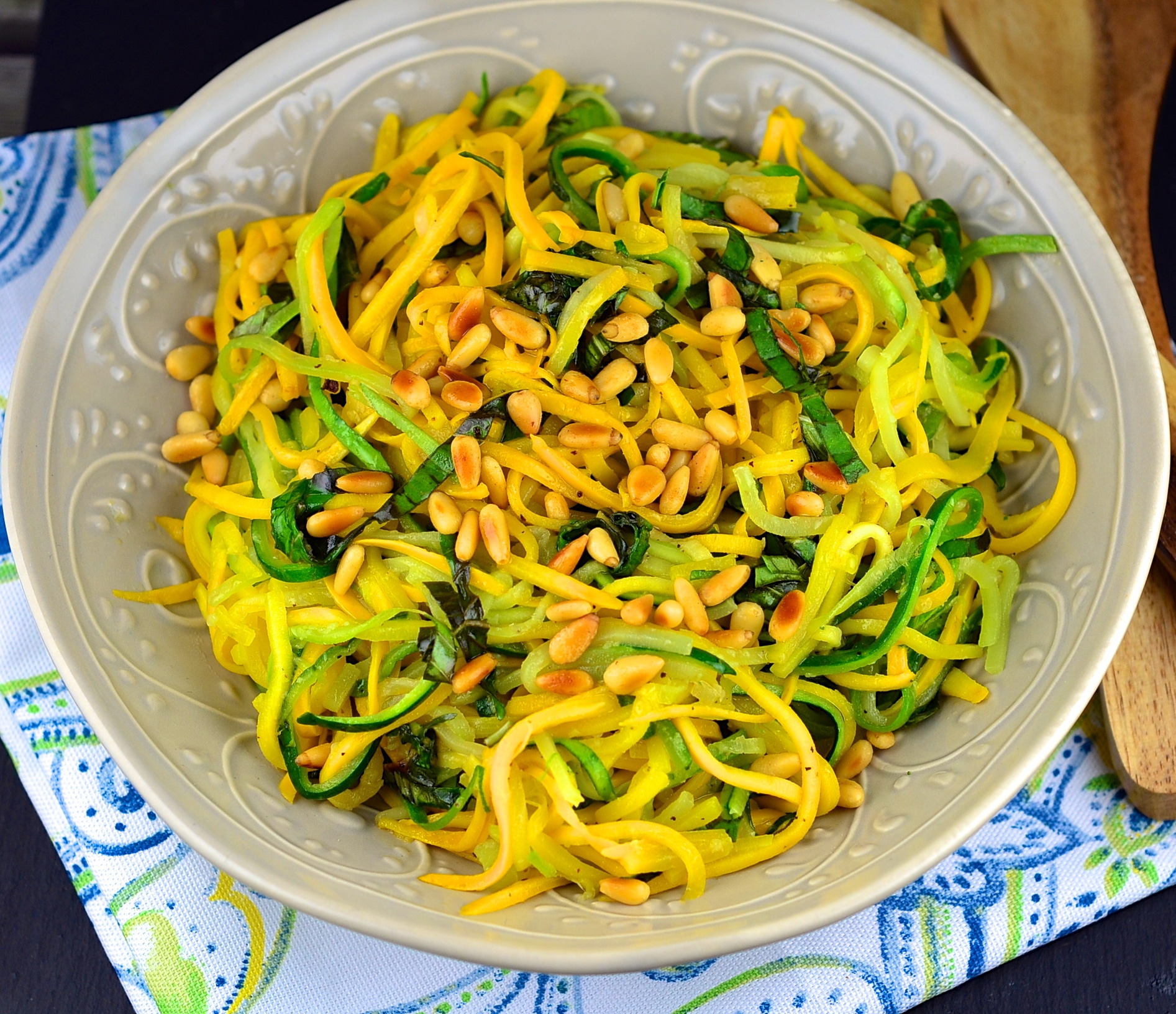 Green and Yellow Zucchini "Spaghetti" with basil and pine nuts