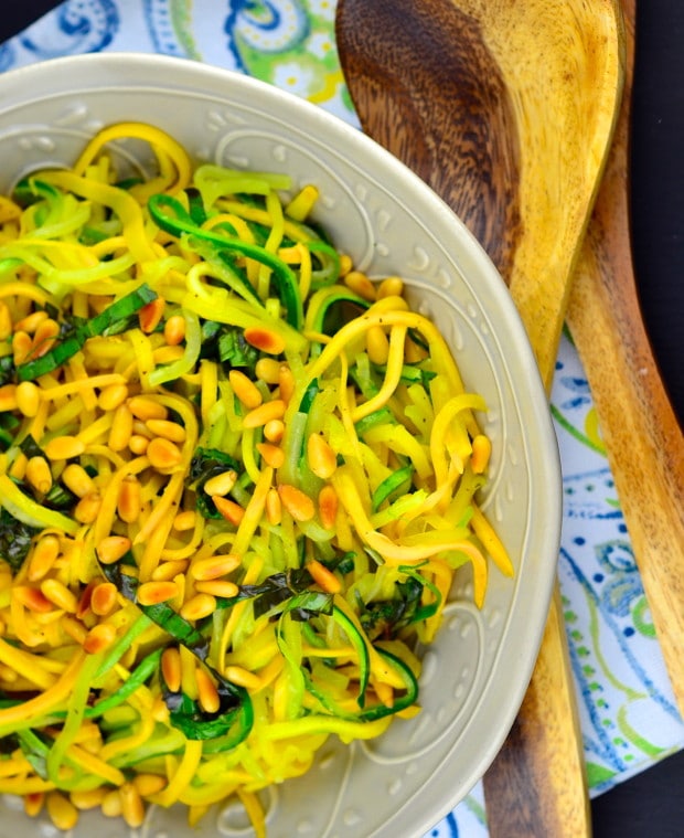 Vegetarian Recipe Ideas for your 4th of July BBQ: Yellow and Green Zucchini Spaghetti with basil and Pine Nuts #BBQ, #4th of July, #recipes, #vegetarian #picnic #Vegan #glutenFree #kosher #MetalessMonday, 