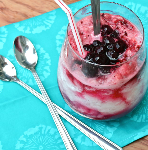 Light and refreshing frozen lemonade with a touch of blueberries. Spoon required! 