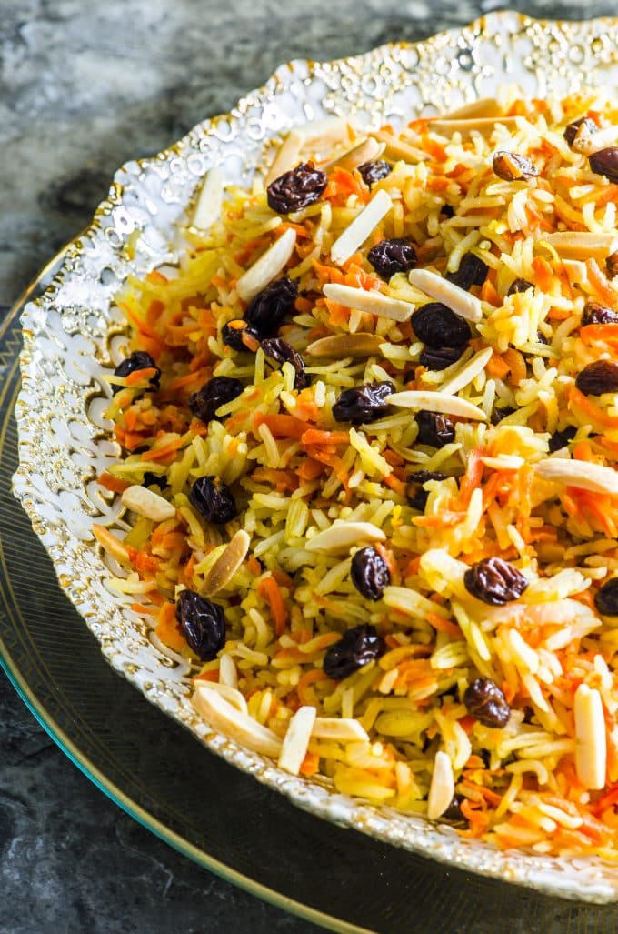 Close up view of a bowl of Rosh Hashanah sweet basmati rice