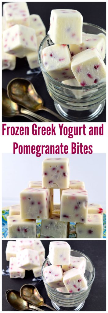 Frozen Greek Yogurt and Pomegranate Bites - You only need 3 ingredients for this easy to make healthy snack or appetizer. #Rosh Hashanah #pomegranates #snack #dessert #healthy #greek #Yogurt