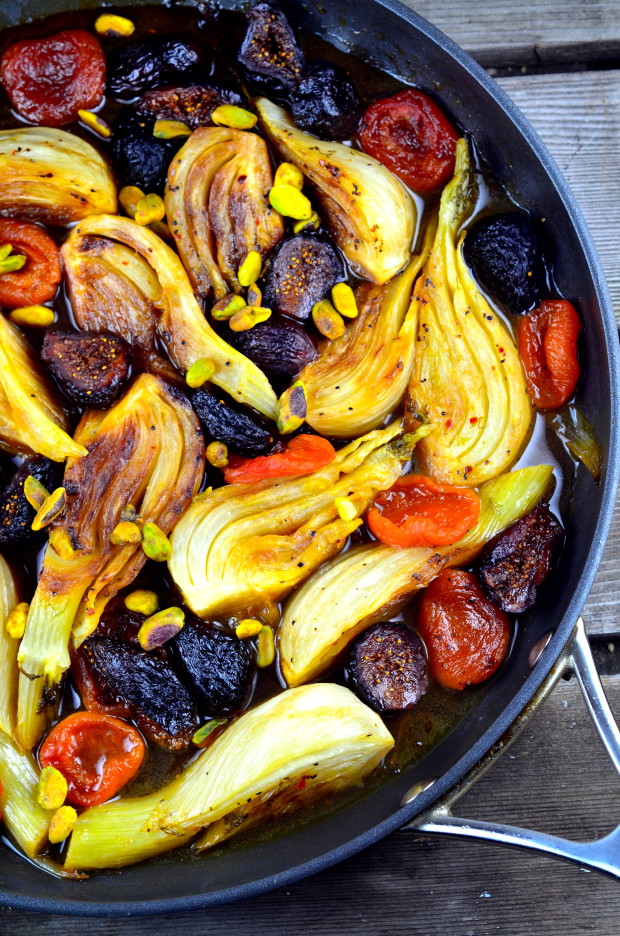 Close up of Braised Fennel with Apricots & Figs in a skillet