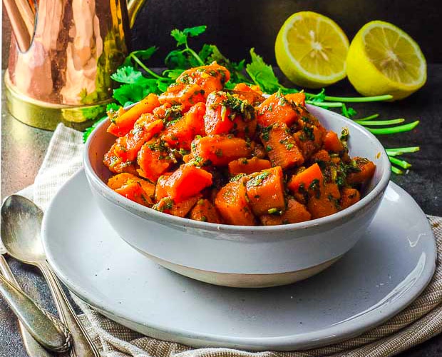 a bowl of moroccan carrot salad