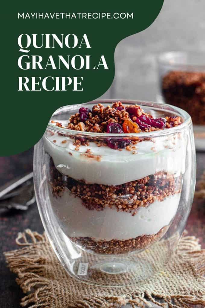 A closer view of a cup of quinoa granola layered with yogurt
