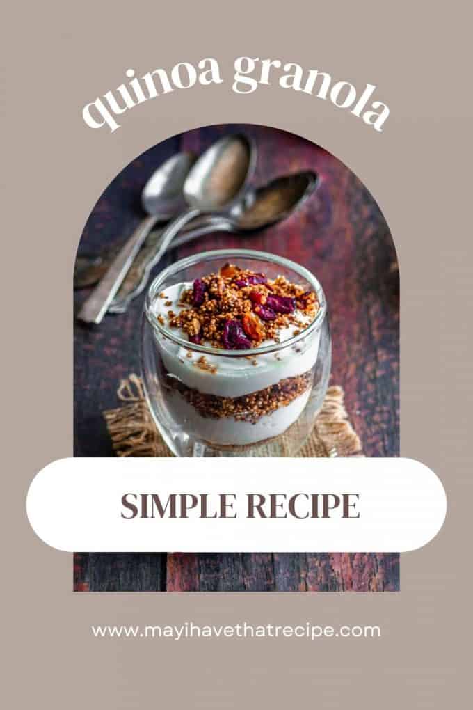 A farther back view of a glass of quinoa granola recipe with three spoons displayed in the background