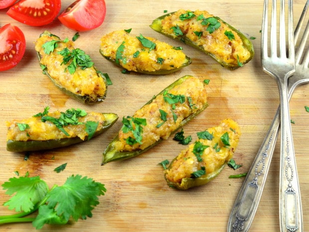 Plantain & Cheese Stuffed Jalapeño Peppers - Vegan and Gluten Free - We often get asked what to serve Vegans or vegetarians on a party.  These Stuffed Jalapeño peppers are a perfect appetizer not only for vegans  and vegetarians, but for Gluten free people as well.   A little sweet, a little spicy and completely addictive finger food. 
