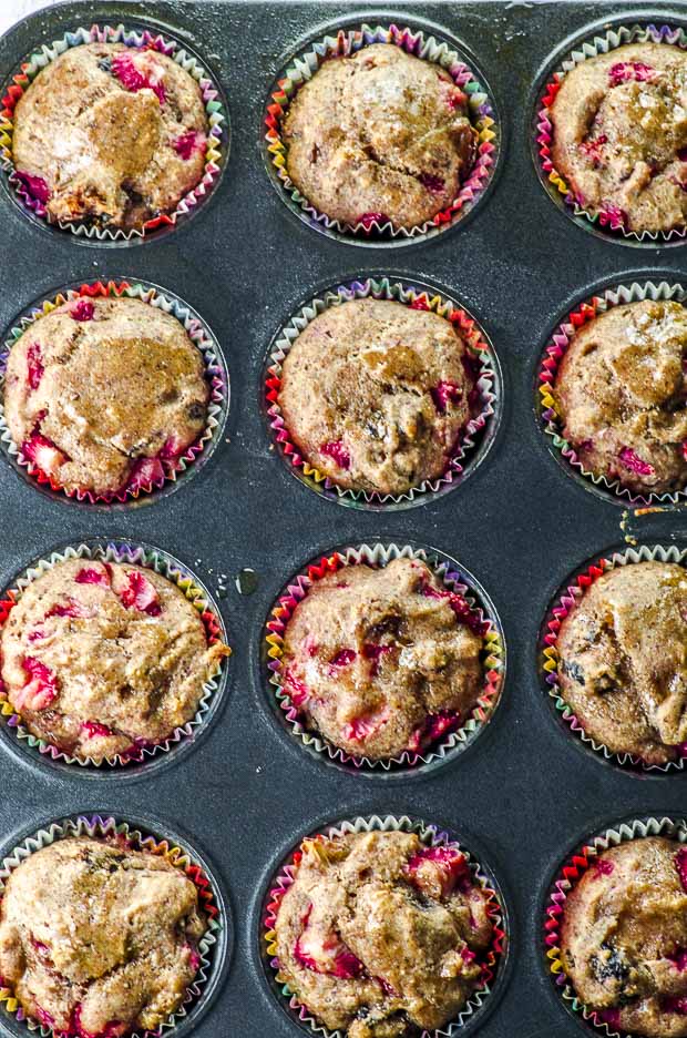 a muffin tin pan filled with cooked Vegan Pan Roasted Strawberry & Fig Breakfast Muffins