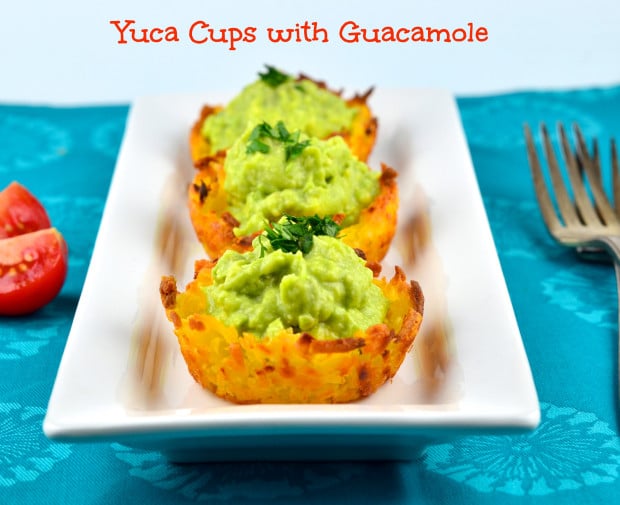  Yuca Cups With Guacamole - Vegan, vegetarian, gluten free and kosher - There is something very appealing about bite sized appetizers, they are cute, portion controlled and simply delicious. We made these cups with Yuca instead of potatoes and we stuffed with them with a creamy avocado and lemon mixture. Simple perfection! Perfect for a Super Bowl party, cinco de Mayo celebration, or a Meatless Monday treat.