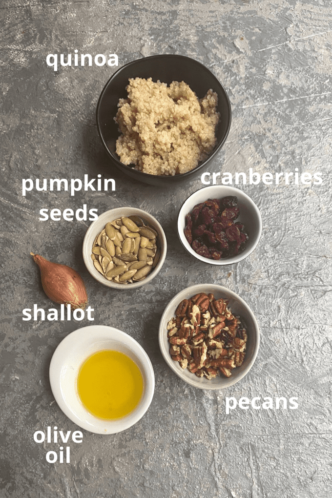 An overhead view of ingredients to make vegetarian stuffed acorn squash; quinoa, pumpkin seeds, cranberries, shallot, pecans and olive oil