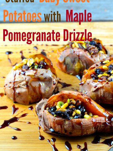 Roasted Sweet potatoes stuffed with dried fruit and drizzled with a maple pomegranate reduction
