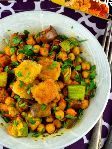 roasted vegetables with roasted cheese croutons - chanukah, hannukah, cheese, vegetables, vegetarian, recipe, kosher, Shavuot, vegetarian,