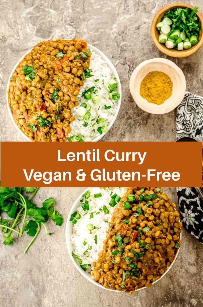 birds' eye view of two bowls filled with white rice and lentil curry. With a sign in the middle of the image that reads: lentil curry, vegan & gluten-free