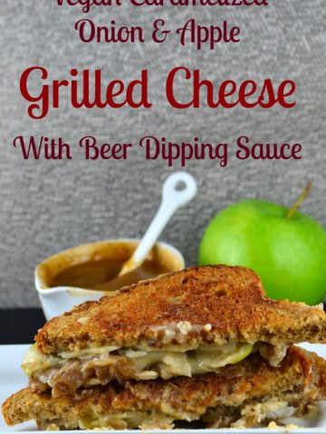 Vegans can also indulge on a luscious grilled cheese. This one has caramelized onions, apples and a beer dipping sauce. Enjoy! #vegan #grilledCheese #GOVeggie #apples #beer @GoVEggieFoods