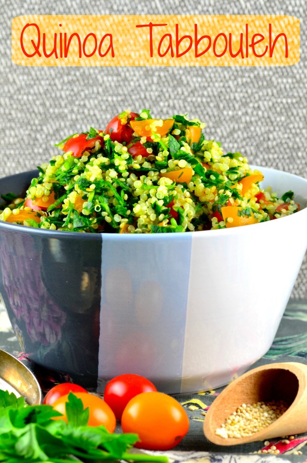 Side view of a gray striped bowl filled to the top with Quinoa Tabbouleh. One of our vegetarian Passover recipes.