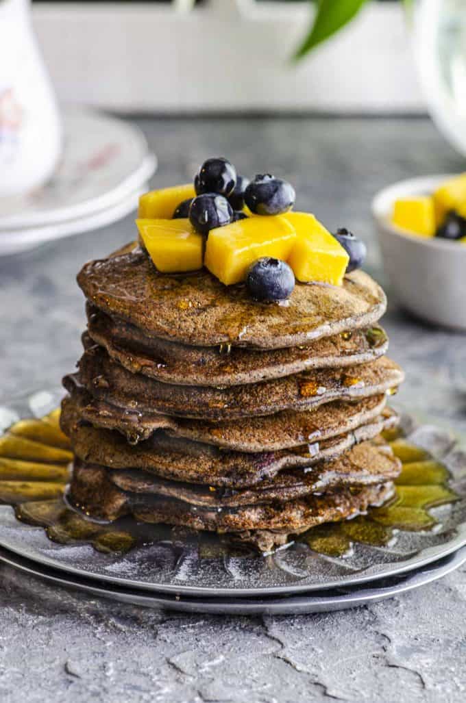 Close up view of a stack of buckwheat pancakes
