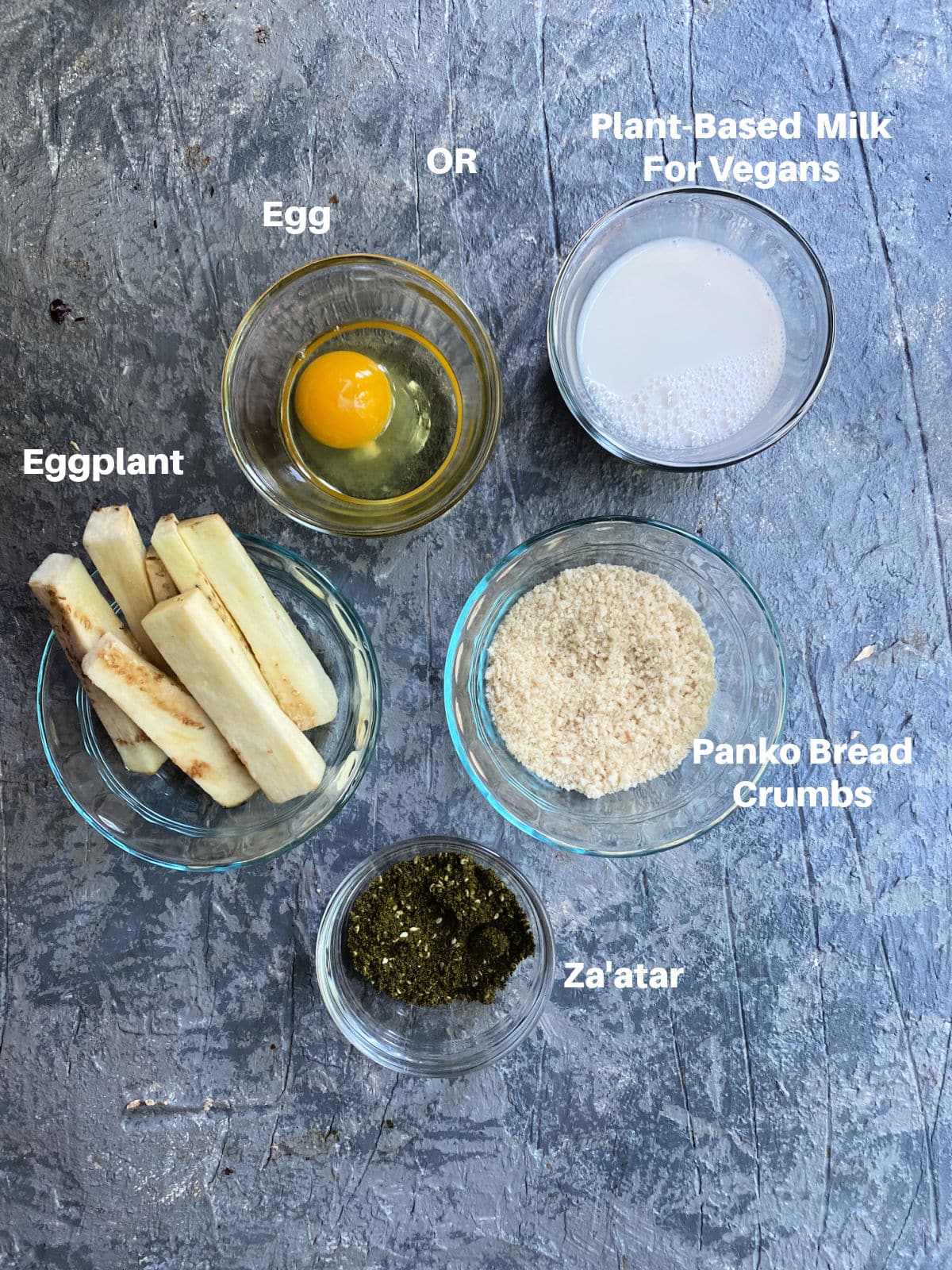 Ingredients for eggplant fries labeled
