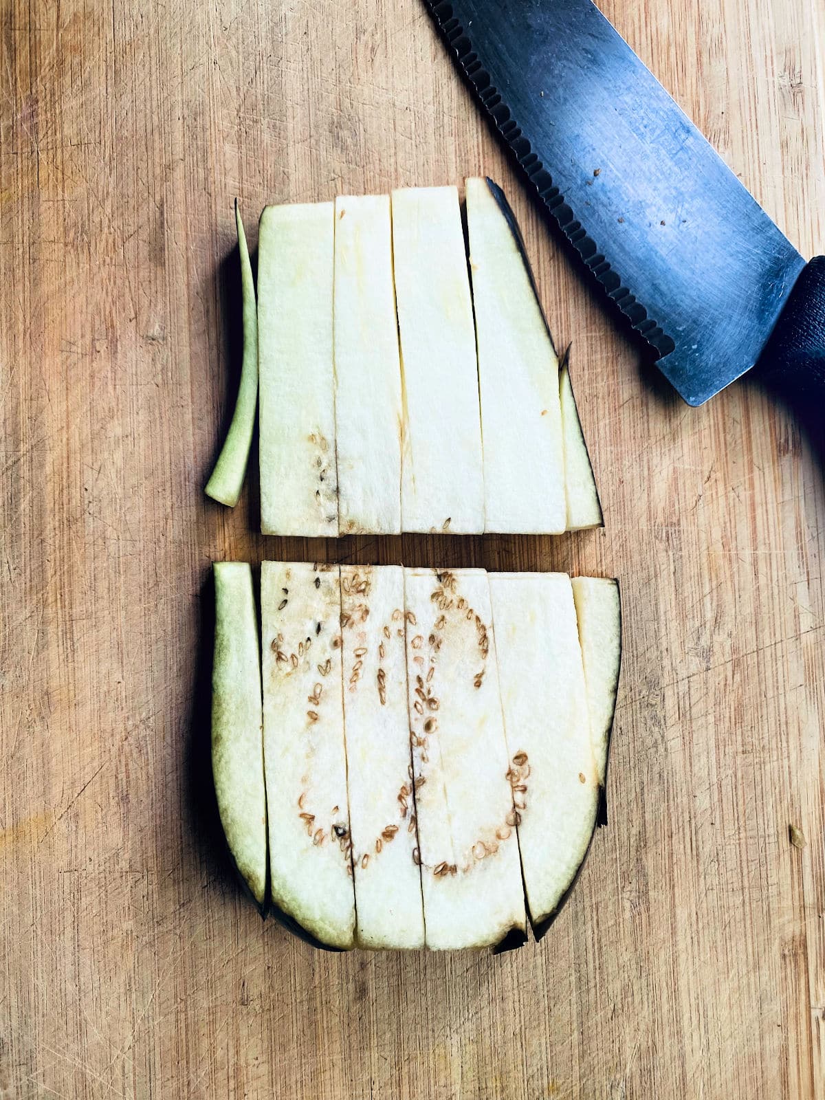 A slice of eggplant cut into french fry shape