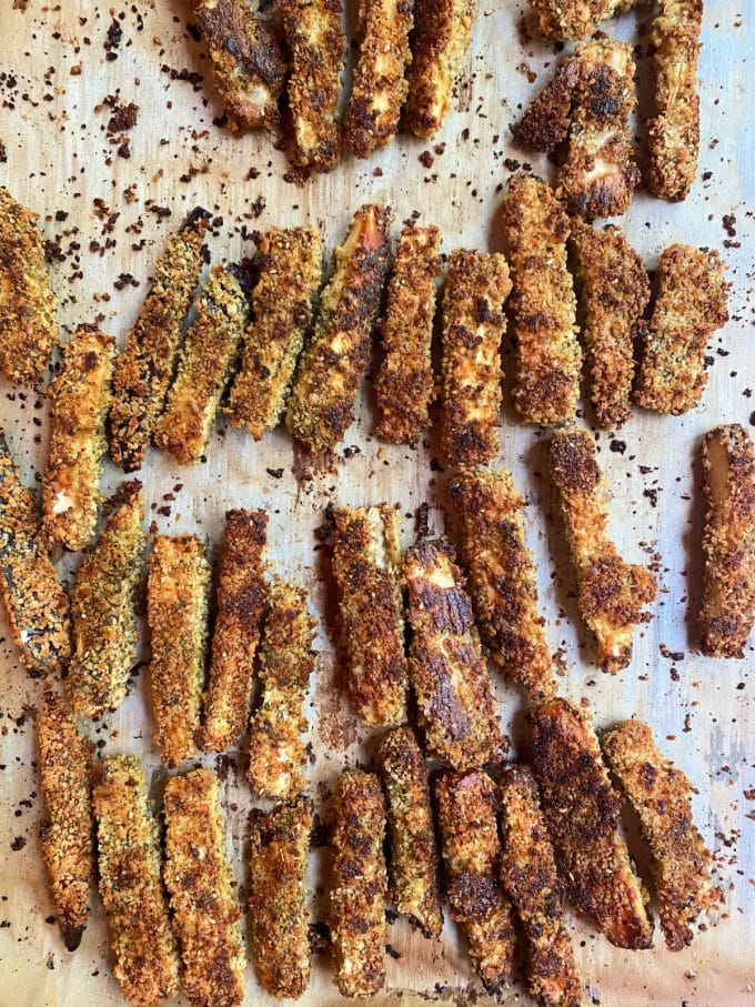baked eggplant fries in a baking sheet