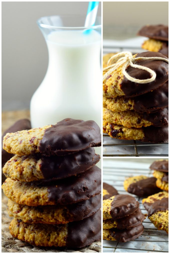 coconut cranberry cookies dipped in chocolate