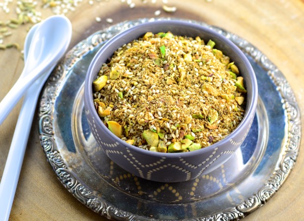 The egyptian condiment Dukkah is a savory blend of seeds, spices and nuts 