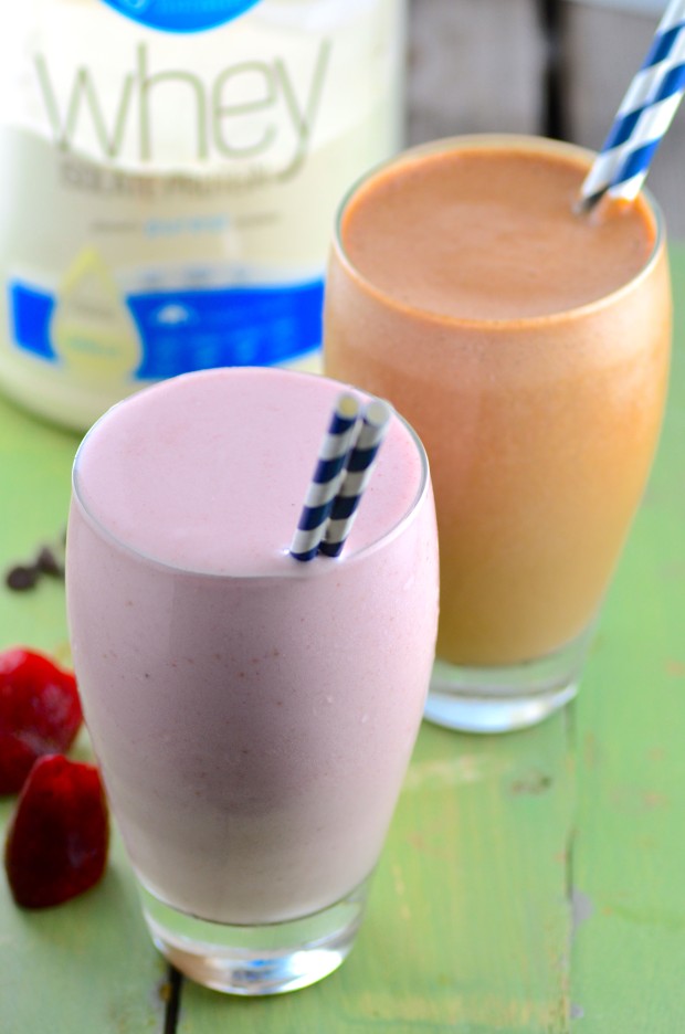 Super delicious, pre or post workout Chocolate and Strawberry Protein Shakes -