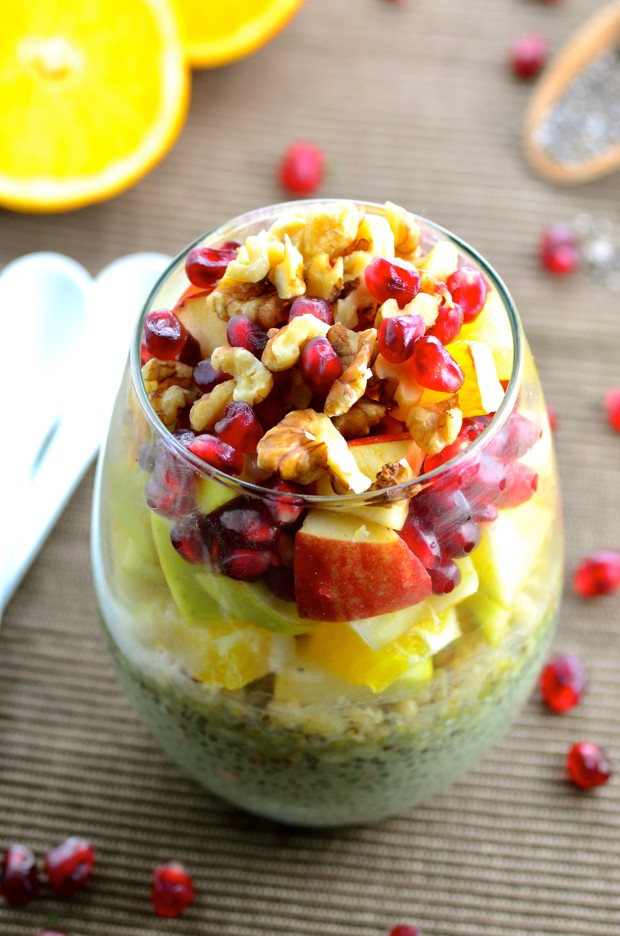 Up your breakfast game with this superfoods matcha chia and fruit breakfast pudding