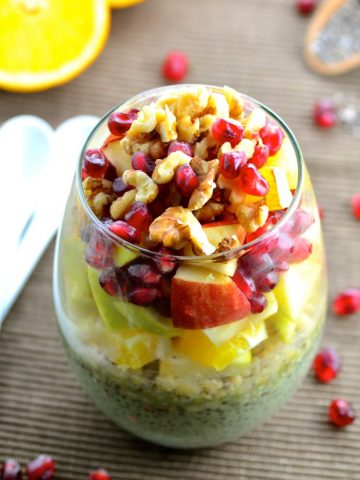 Up your breakfast game with this superfoods matcha chia and fruit breakfast pudding