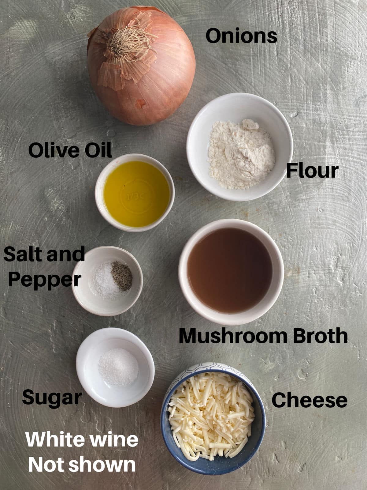 Ingredients for French Onion Soup Labeled