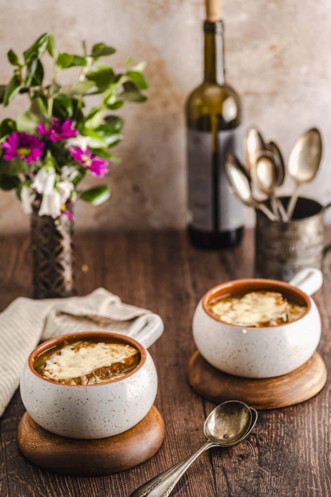 Two Ramekins with baked Vegetarian French Onions soup