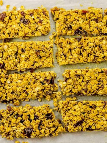 Overhead view of tahini and turmeric granola bars lined up