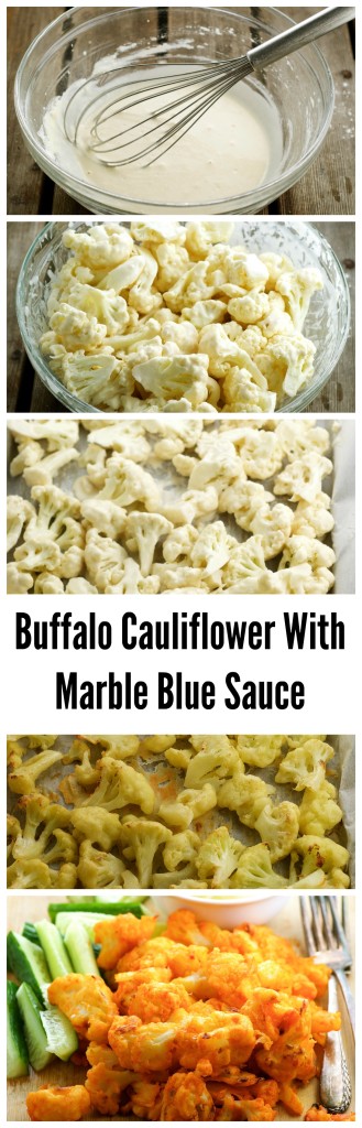 Spicy, almost guilt free, cauliflower buffalo "wings" with a creamy blue cheese sauce