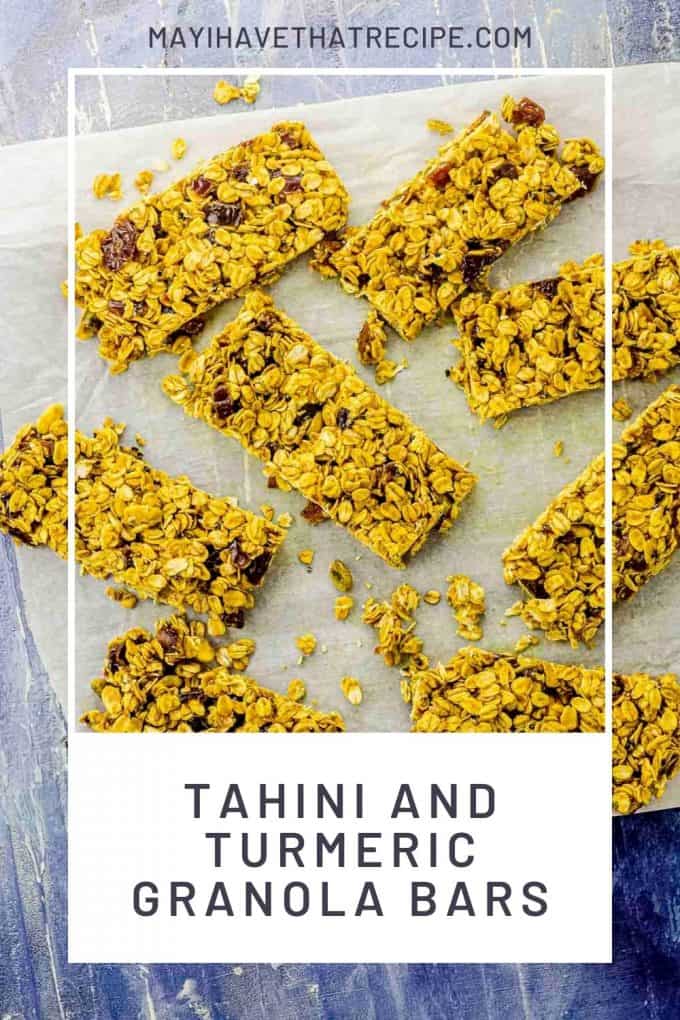 Overhead view of tahini turmeric granola bars scattered on a baking sheet