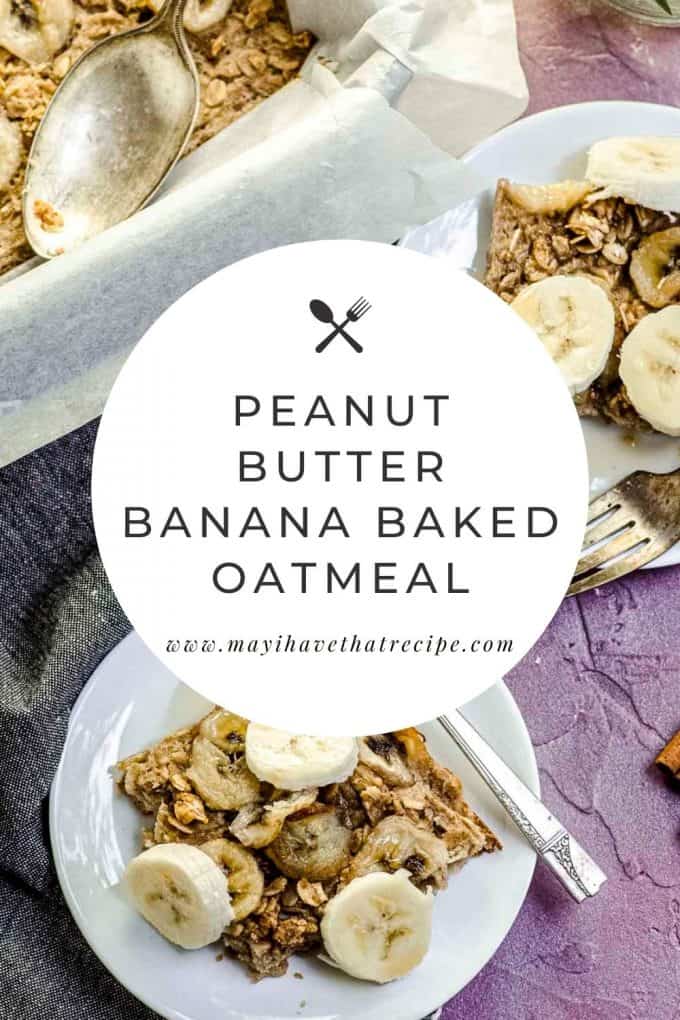 A closer overhead view of two mini plates with peanut butter banana baked oatmeal