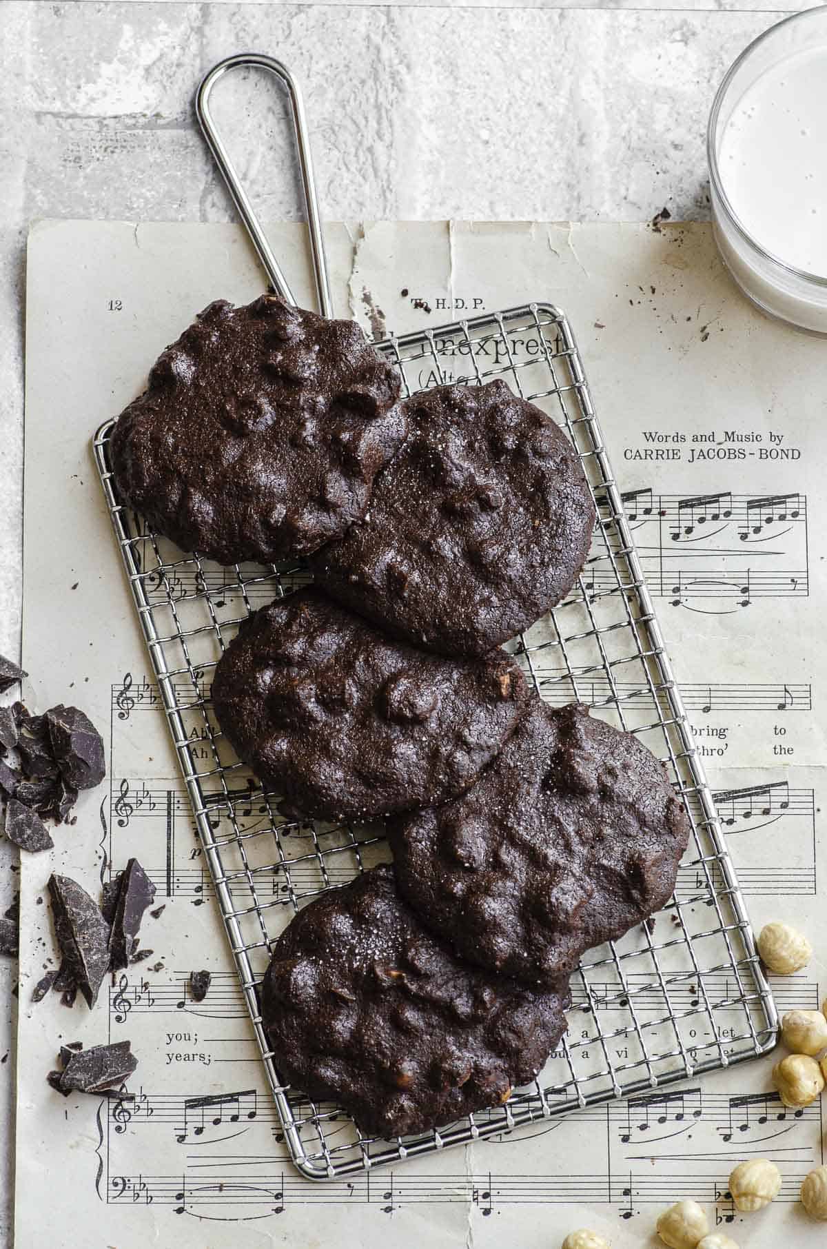 overhead view of 5 flourless chocolate cookies for passover