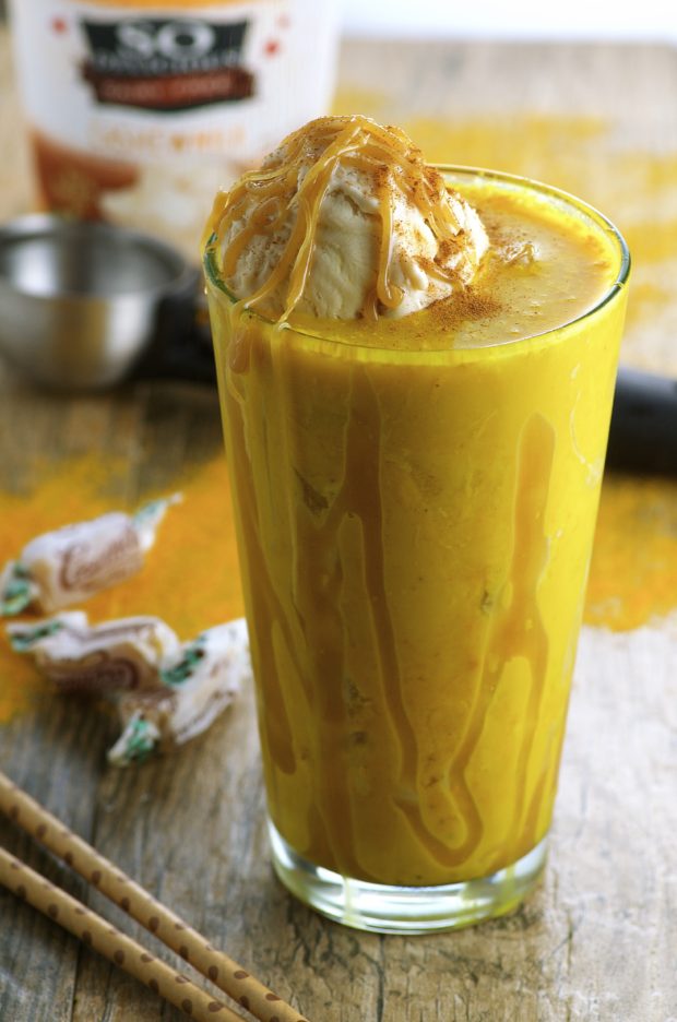 Enjoy all the health benefit of turmeric with this indulgent Golden Milk Ice Cream Float , topped with creamy cashew ice cream and drizzled with an oh-so-easy to make to make vegan tahini salted caramel caramel sauce.